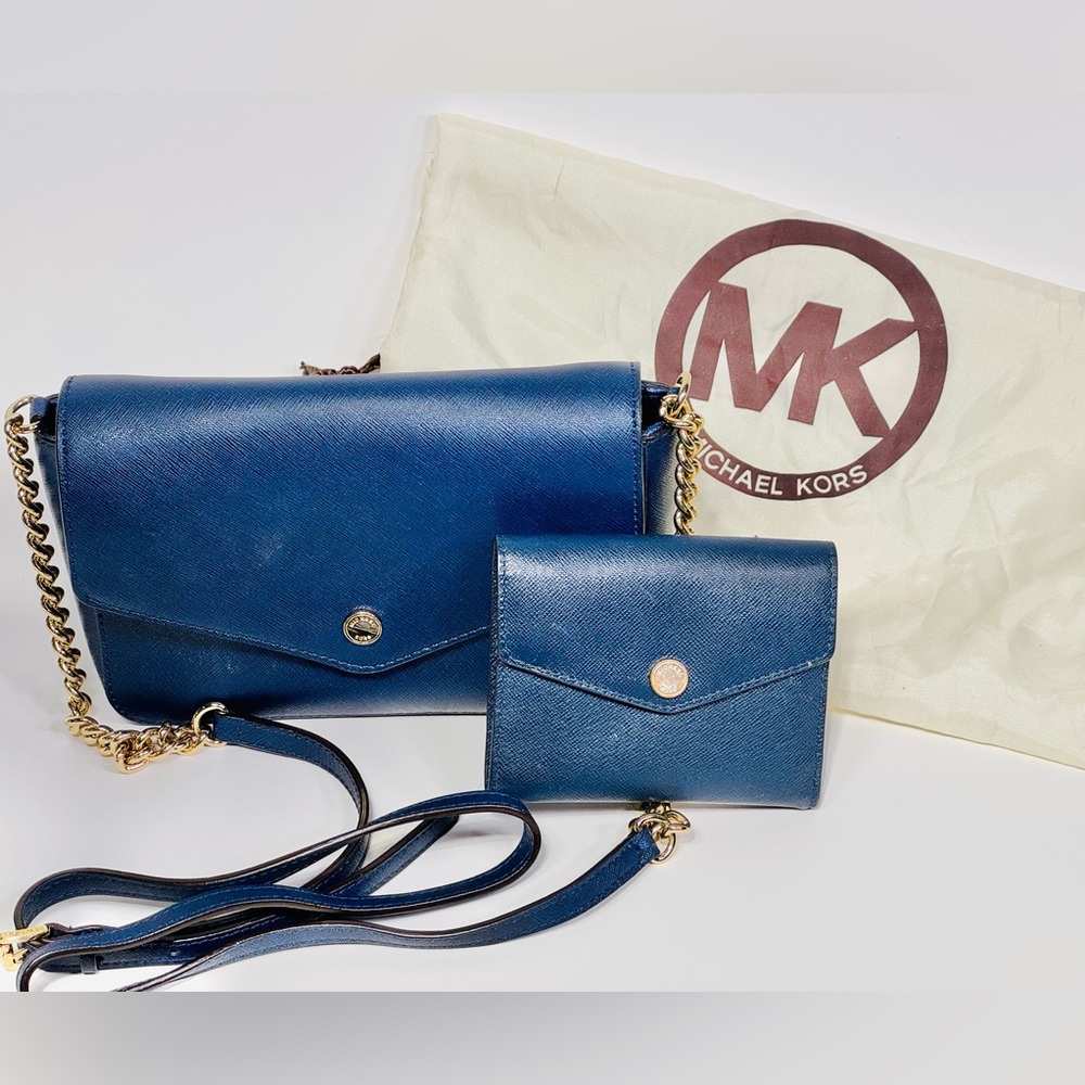 Michael Kors Navy Crossbody Purse & Wallet with Gold Hardware